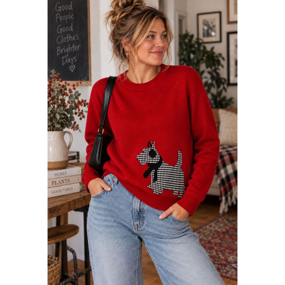 Talbots Red Knit Houndstooth Scottie Dog Terrier Fall Holiday Sweater Size Small